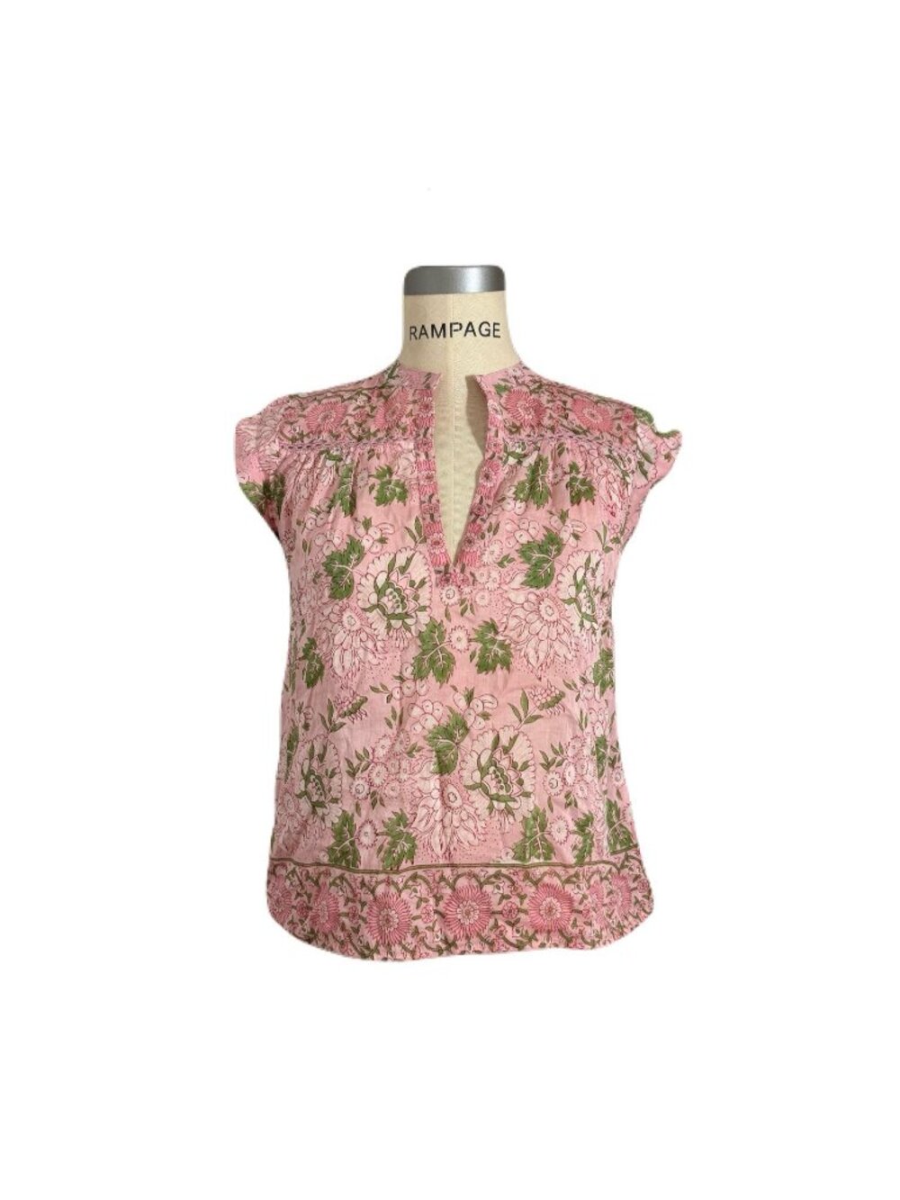 Alicia Bell women's pink floral print short sleeve silk/cotton blouse top sz S